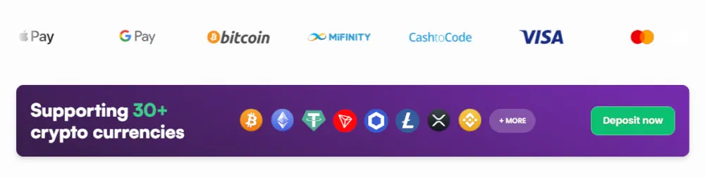 InstaSpin accepted payment methods including credit cards, Apple Pay, and various cryptocurrencies.